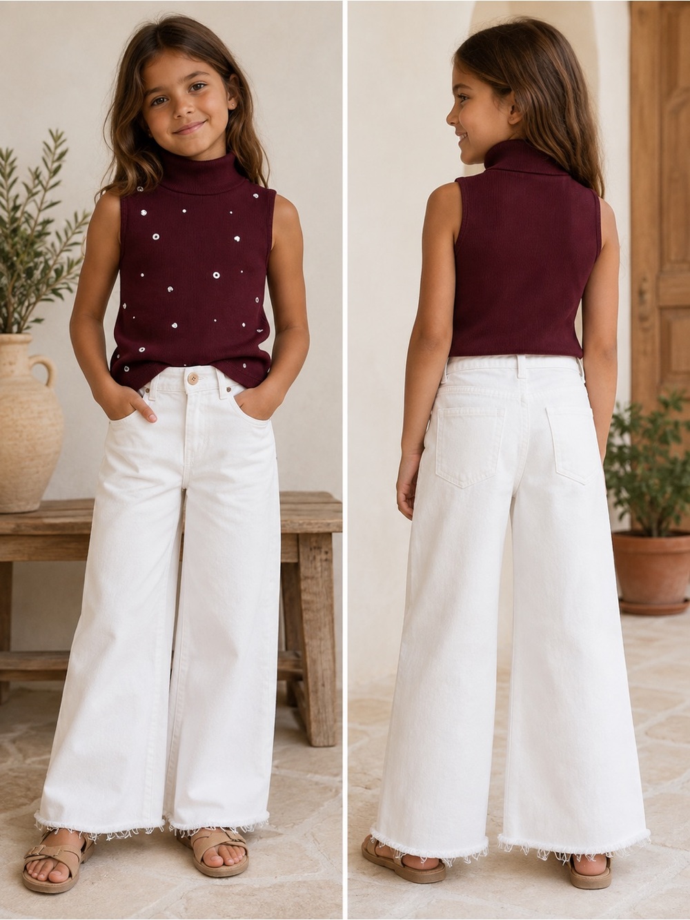 Zara Girls Burgundy Embellished Top & White Wide Leg Jeans Set SZ 6 Trendy EUC